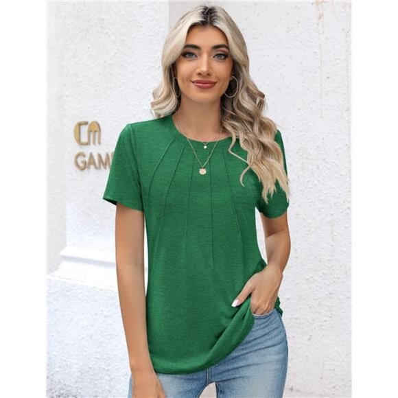 Women's Casual Crew Neck Short Sleeve Pleated Blouse Tops - Picture 3 of 6